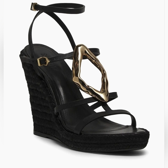 Schutz Amarilis Embellished Wedge Sandals In Black And Gold Size 11 B - Picture 4 of 16